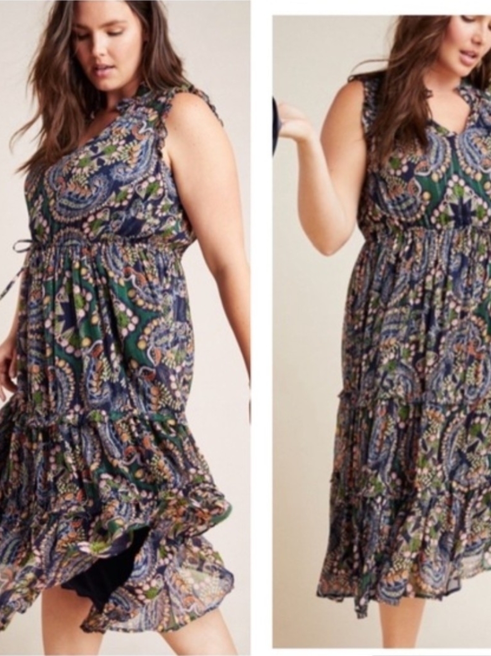 Anthropologie Sleeveless Paisley Maxi Dress in Navy and Green